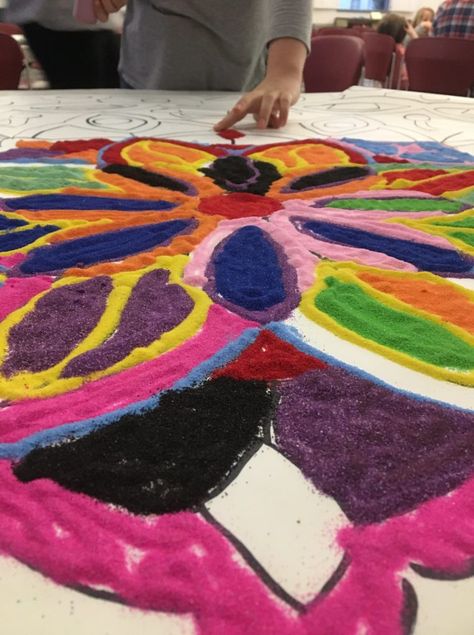 Mandala Art For Preschoolers, Sand Castle Art Preschool, Sand Play Therapy, Meditative Space, Sand Mandala, Aboriginal Sand Art, Expressive Therapy, Tibetan Sand Mandala, Lenten Activities