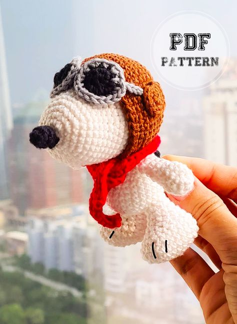 Crochet Aviator Snoopy Amigurumi PDF Pattern Snoopy Red Baron Crochet, Snoopy Crochet Pattern Free, Snoopy Crochet Pattern, Crochet Airplane, Crochet Keyring Free Pattern, Crochet Snoopy, Snoopy Pattern, Snoopy Gifts, Pattern Doll