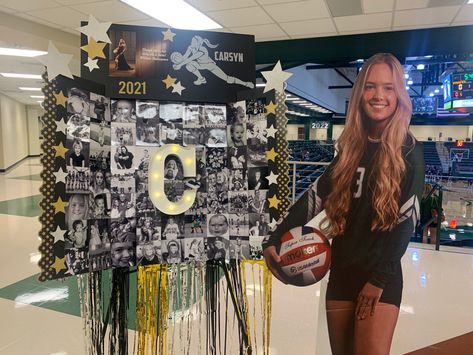 Volleyball Trifold Collage Volleyball Senior Board, Senior Volleyball Table Ideas, Senior Night Table Display Volleyball, Senior Night Boards Volleyball, Senior Poster Board Ideas Volleyball, Senior Trifold Board Ideas, Graduation Photo Boards, 2enior Ye4r, Volleyball Picture