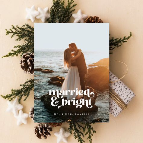 Married Bright Newlywed Photo Christmas Card #zazzle #weddinginvitations #birthdayinvitations #babyshowerinvitations #zazzleinvitations #monogram #businesscards #graduation #homedecor Married Christmas Cards, Elegant Christmas Party Invitations, Wedding Christmas Card, Card Marriage, Elegant Christmas Party, Retro Wedding Invitations, Christmas Wedding Invitations, Advice For Newlyweds, Photo Christmas Card