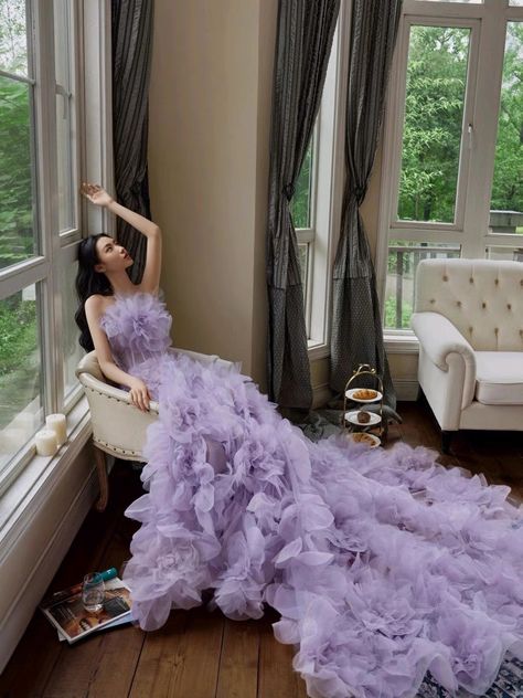 Floral Theme Outfit, Purple Gown Aesthetic, Purple Dress Photoshoot, Greek Photoshoot, Purple Dress Aesthetic, Picture Prompt, Pink Parisian, Gown Aesthetic, Debut Photoshoot