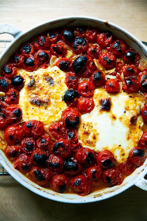 This baked feta with cherry tomatoes is one of the simplest, tastiest dishes ever. Lots of crusty bread for dipping is a must! #vegetarian #sidedish #appetizers Feta Tomato Bake, Baked Feta With Cherry Tomatoes, Bread For Dipping, Tomato Bake, Feta Tomato, Chicken Souvlaki, Baked Feta, Feta Dip, Baked Tomatoes