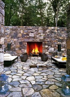 Flagstone Floor, Stone Patio Designs, Stone Fireplace Wall, Fireplace Inspiration, Large Backyard Landscaping, Fireplace Furniture, Wanna Call, Stone Patio, Contemporary Patio