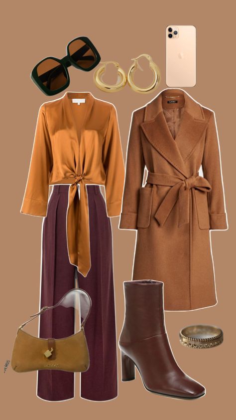 The Warm Autumn girlies would shine in these colours! Camel + Burgundy + Burnt Orange + Gold + Warm Browns Burnt Orange Outfit, Camel Color Outfits, Warm Fall Outfits, Autumn Outfit Inspo, Warm Browns, Gold Outfit, Orange Outfit, Warm Autumn, Warm Brown