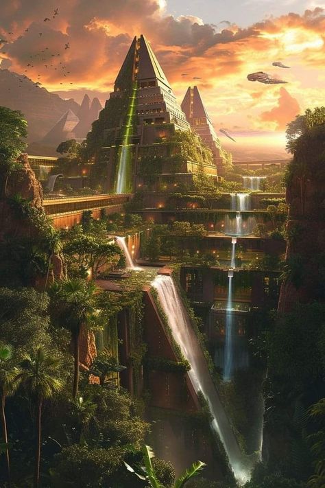 Aztec City, Ancient Atlantis, Earth City, Fantasy Architecture, Pyramids Egypt, Artwork Landscape, Quantum Computing, Egyptian Style, Rpg Map