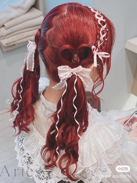 Heart Themed Hairstyle, Heart Braid Hairstyle, Heart Hairstyles, Heart Braid, Braid Hairstyle, Kawaii Hairstyles, Ribbon Hairstyle, Hair Reference, Hair Inspo Color