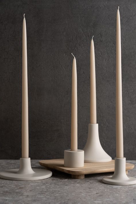 Where To Put Candle Sticks, Japandi Candle Holder, Modern Candlestick Holder, Minimal Candle Holder, How To Make Taper Candles, Ceramic Taper Candle Holder, Ceramic Candle Stick Holders, Ceramic Decoration Ideas, Tall Candle Sticks