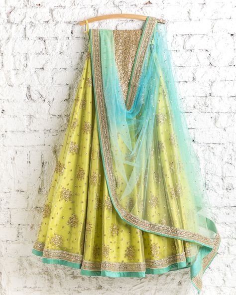 Lehengas by SwatiManish : Lemon yellow lehenga and sky blue dupatta Lemon Green Color, Green Color Lehenga, Lehenga Choli For Wedding, Choli For Wedding, Formal Plus Size, Half Saree Lehenga, Yellow Lehenga, Sister Outfits, Salwar Kamiz