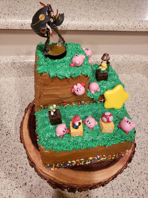 Super Smash Bros Cake kirby mario luigi bayenetta Super Smash Bros Cake, Super Smash Bros Party, Map Cake, Nintendo Party, Pokemon Birthday Cake, Pokemon Birthday, Smash Brothers, Mario And Luigi, 13th Birthday