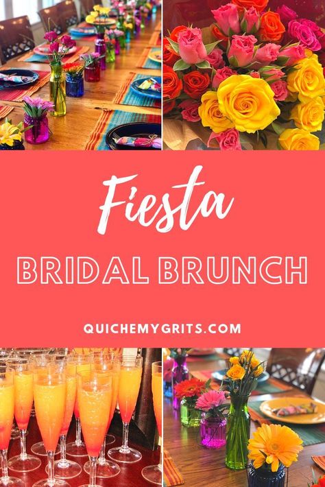 Host a Fiesta Bridal Brunch!  The colors will get the party started and the food will definitely wow your guests!  #fiesta #bridalbrunch #bridalshower #bridal #wedding #bridesmaids #bride | QuicheMyGrits.com Elegant Fiesta Bridal Shower Ideas, Mexico Theme Bridal Shower Ideas, Mexican Food Bridal Shower Ideas, Fiesta Theme Bridal Shower Decor, Taco And Margarita Bridal Party, Mexican Themed Bridal Shower Ideas Taco Bar, Fiesta Rehearsal Dinner Decorations, Mexico Bridal Shower Ideas, Boho Fiesta Bridal Shower Ideas