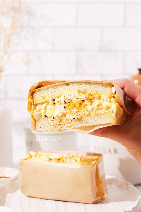 Tamago Sando (Japanese Egg Sandwich) | Two Plaid Aprons Japanese Egg Sandwich, Boiled Egg Sandwich, Tamago Sando, Japanese Egg, Asian Meals, Coffee Bread, Coffee Shop Menu, Egg Sandwich, Egg Salad Sandwiches