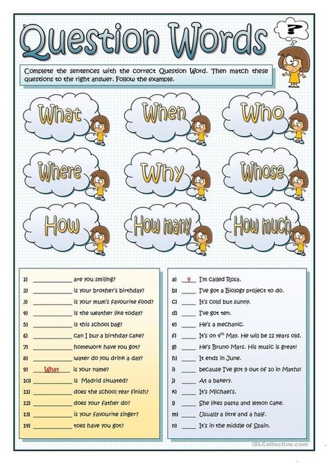 This is a great worksheet for your ESL students to practice the different question words. Question Words, Worksheet Preschool, English Worksheet, English Exercises, To Learn English, English Grammar Worksheets, Grammar Activities, Learning Worksheets, English Activities