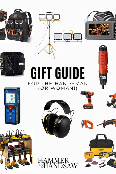 collection of gifts for a handyman Gifts For Handyman Guys, Gifts For Handyman, Gifts For Construction Workers, Handyman Gifts, Raffle Baskets, Tool Gifts, Construction Worker, Holiday Gift Guide, Gifts Ideas