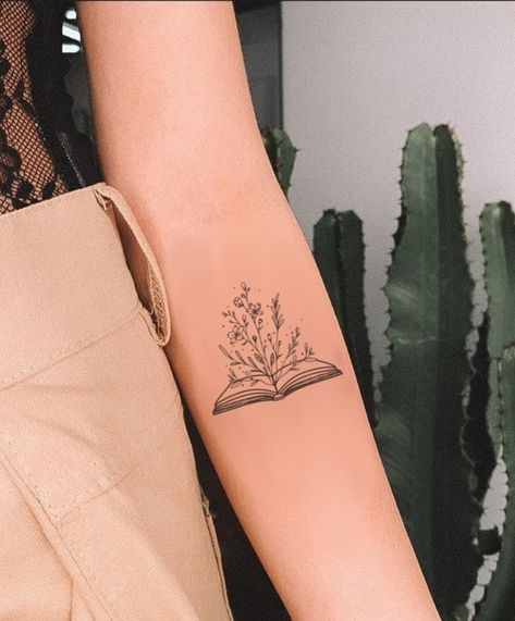 Love And Other Words Tattoo, Tiny Book Lover Tattoo, Blooming Book Tattoo, Sticker Book Tattoos, Book And Wildflower Tattoo, Book With Flowers Coming Out Tattoo, Book Sister Tattoo, Plant Book Tattoo, Tattoos For Women Books