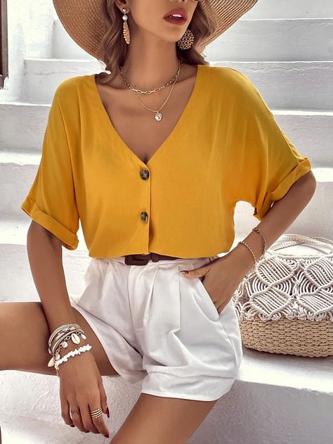 EMERY ROSE Solid Button Front Batwing Sleeve Blouse | SHEIN USA Batwing Sleeve Blouse, Elegant Blouses, Plain Tops, Women Blouses, Batwing Sleeve, Half Sleeve, Neck Shirt, Mustard Yellow, Half Sleeves