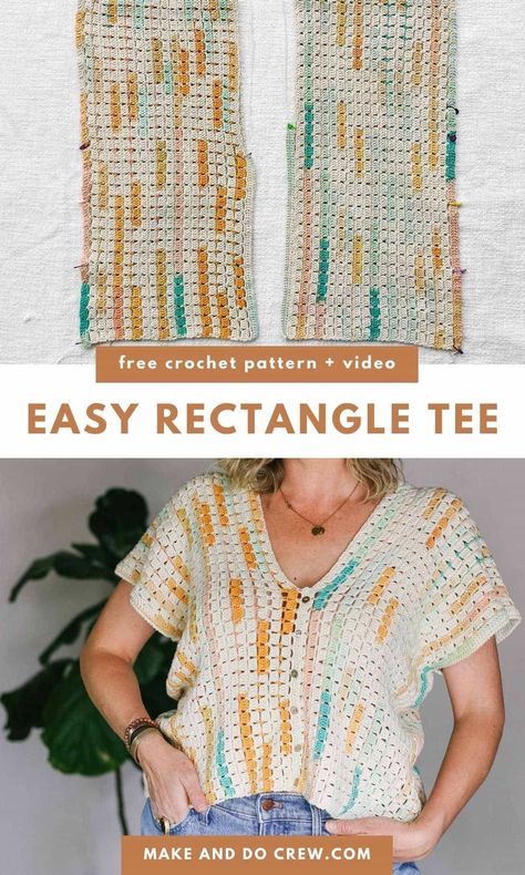 Crochet Clothing Ideas Easy, Crochet Shirt Patterns Free, 70s Crochet Top Pattern Free, Easy Crochet Tops Free Patterns Summer, Crochet Lightweight Sweater, Crochet Short Sleeve Sweater Pattern Free, Top Down Crochet Pattern, Add Crochet To Clothing, Two Skein Crochet Projects