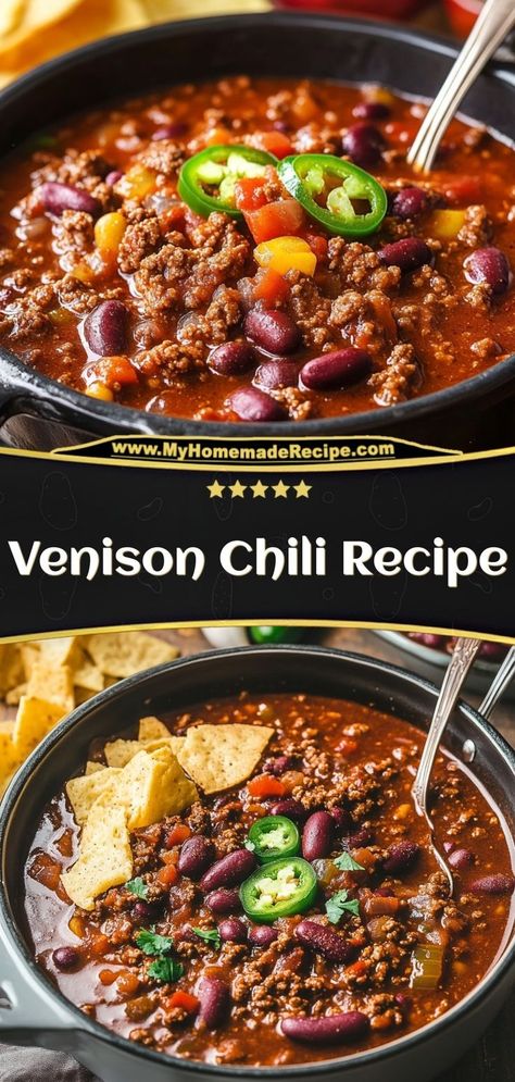 This venison chili is hearty, flavorful, and packed with tender venison, beans, and spices. A great twist on classic chili! Ingredients: 1 lb ground venison 1 can kidney beans, drained 4 cups beef broth 2 tbsp chili powder Serve this venison chili with cheese and sour cream. Perfect for cozy winter nights or game days Venison Chili Recipe No Beans, Homemade Deer Chili Recipe, Venison Chili Instant Pot, Venison Chilli Recipe Crockpot, Best Venison Chili Recipe, Venison Chili Recipe Easy, Venison Steak Recipes Crockpot, Deer Chilli Recipe, Venison Hamburger Recipes