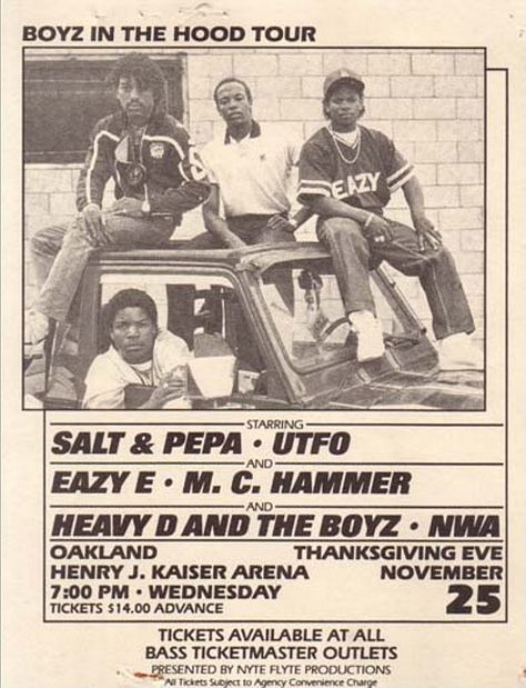 1987 Boyz in the Hood Tour starring Salt & Peppa, UTFO, Eazy E, M.C. Hammer, Heavy D & The Boyz, and NWA, Oakland, CA Globe Poster, Jazz Decor, Jamel Shabazz, Vintage Hiphop, Hiphop Art, Hip Hop Poster, Rap Albums, Real Hip Hop, Hip Hop And R&b