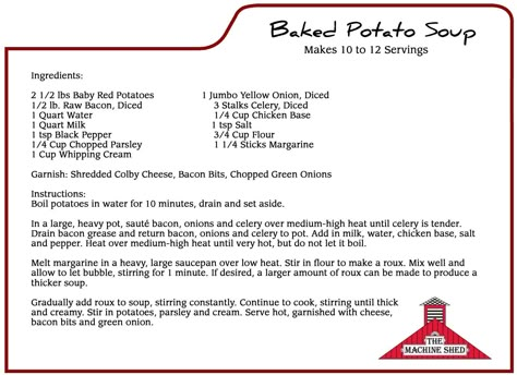 The Machine Shed's Famous Baked Potato Soup Recipe Irish Potato Soup, Baked Potato Soup Recipe, Loaded Baked Potato Soup, Baked Potato Recipes, Chili Soup, Baked Potato Soup, Turkey Soup, Loaded Baked Potatoes, Famous Recipe