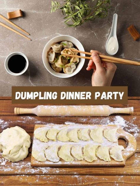 Dumpling Making Party, Couples Dinner Party Ideas, Dumpling Party Theme, Dinner Dumplings, Couples Dinner Party, Dumplings Dinner, Pizza Dinner Party, Dumpling Party, Mexican Dinner Party