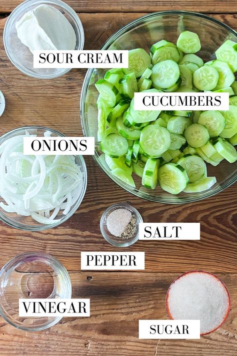 Cucumber Salad (cucumbers onion vinegar sugar recipe) - Ninnescah Made Cucumber Onion Salad Vinegar Sour Cream, Cucumber And Onion Salad Vinegar Sugar, Cucumber Salad Sour Cream, Cucumber Onion Vinegar, Ninnescah Homestead, Creamed Cucumber Salad, Onion Vinegar, Sour Cream Dressing, Cucumber Onion Salad