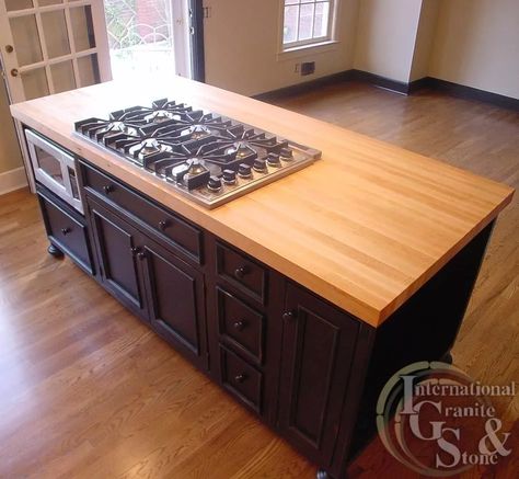 Wood Countertops Kitchen Island, Kitchen Island With Cooktop, Island With Stove, Kitchen Island With Stove, Island Cooktop, Wood Kitchen Island, Island Countertops, Kitchen Stove, Butcher Block Countertops