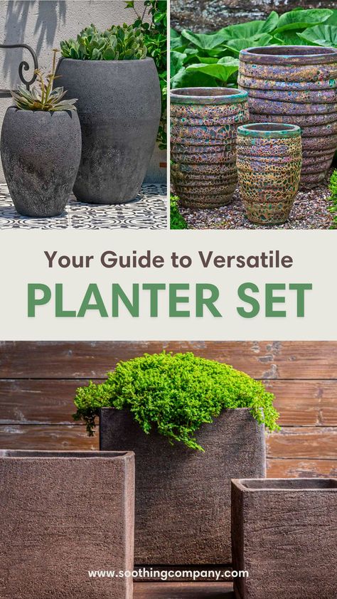 Elegant planter sets for garden design; perfect for patio, backyard, front porch, and front yard. Stylish garden planters and outdoor planters for any decor style. Planters For Patio, Decorating A Patio, Large Garden Pots, Lush Plants, Creative Planter, Planter Project, Green Oasis, Patio Planters, Urn Planters