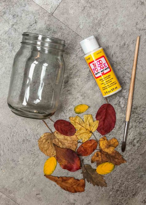 Easy leaf mason jar lanterns nature craft - Growing Family Glass Lantern Diy, Pressed Flower Jars, Mason Jar Lanterns Diy, Leaf Lantern Craft, Waldorf Festivals, Recycled Candle Jars, Leaf Mason Jar Candle, Seasons Craft, Fall Mason Jar Crafts