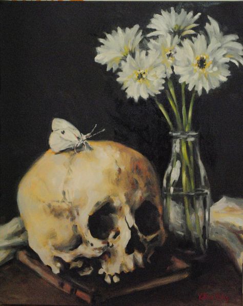 Duck Black And White, Memento Mori Art, Life Themes, Sugar Skull Drawing, Books And Flowers, Skulls Drawing, Cemetery Art, Skull Painting, Floral Oil Paintings