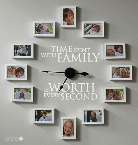 Family Wall Ideas. Gallery Wall Ideas and Inspiration for PIcture Frame Displays.  Family picture frame ideas and ornament for displaying your home portraits. Gay Bed, Diy Wall Clock Ideas, Family Clock, Picture Frame Clock, Picture Clock, Photo Wall Clocks, Photo Hanging, Photo Clock, Display Family Photos