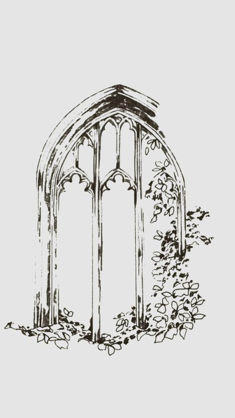 Linocut Art Nouveau, Stained Glass Window Tattoos, Victorian Architecture Drawing, Bay Window Drawing, Gothic Cathedral Window Tattoo, Portal Drawing Sketch, Gothic Architecture Drawing Easy, Victorian Art Drawings, Archway Drawing