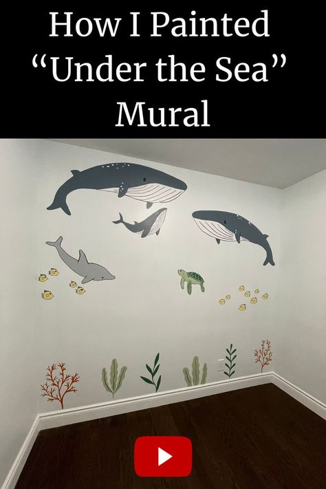 An under the sea mural in a baby's nursery with painted fish, turtle, dolphin and whales Under The Sea Mural, Underwater Mural, Sea Murals, Mural Nursery, Mural Ideas, Mural Painting, Painting Tips, The Fish, Feature Wall