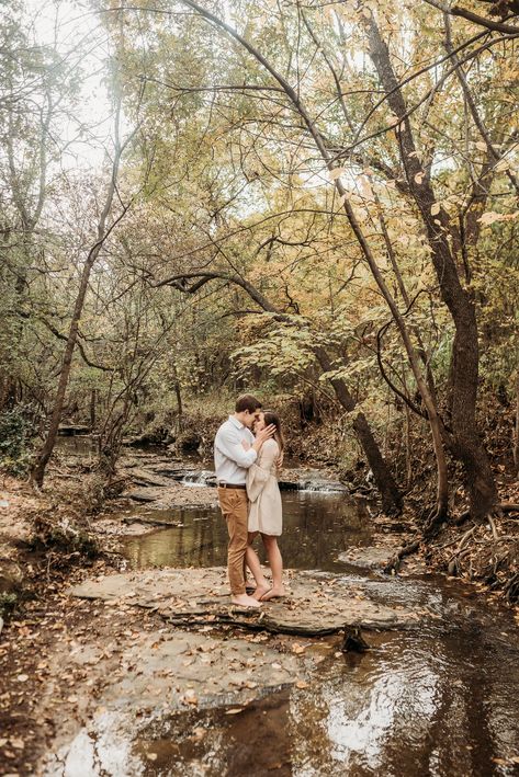 Stone Creek Park Flower Mound, Engagement Photos State Park, Mud Engagement Photos, Creek Session Family, Engagement Photos Outside Spring, Couples Photoshoot In Creek, Fall Creek Photoshoot, Creek Pictures Couples, Creek Couple Photos