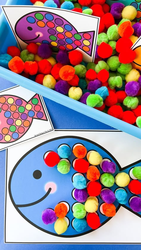 Megan • Preschool, Pre-K & TK’s Instagram profile post: “Rainbow Fish Matching Cards 🐠 Dive into this activity by setting up a sensory bin with colored manipulatives like pom-poms, beads, dyed…” The Rainbow Fish Sensory Bin, Fish Prek Activities, Crafts For Tk, Rainbow Fish Activity Preschool, Bead Sensory Bin, Fish Themed Preschool Classroom, Fish Eyfs Activities, Gold Fish Activities For Preschool, Pom Pom Fish Craft