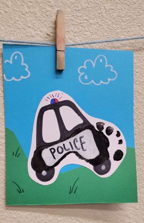 Police Car Handprint Craft, Handprint Police Car, Police Footprint Craft, Police Car Footprint Craft, Community Helpers Footprint Art, Community Helpers Art For Infants, Police Arts And Crafts For Kids, Community Helpers Infant Crafts, Transportation Crafts For Infants