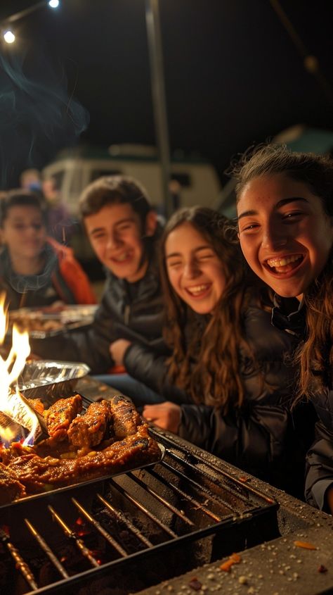 Joyful Barbecue Party: Friends gather around the barbecue, sharing laughter and stories as they cook food under the night sky. #friends #barbecue #laughter #night #joy #aiart #aiphoto #stockcake ⬇️ Download and 📝 Prompt 👉 https://ayr.app/l/4VwU Bbq Party Photography, Barbeque Party Night, Party Image, Barbeque Party, Tail Gate, Barbecue Party, Family Eating, Friends Gathering, Party Photography