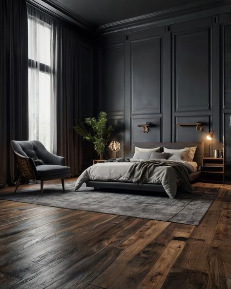 Dark Modern Contemporary Bedroom, Minimalist Moody Bedroom, Dark Interior Bedroom Design, Black House Interior Design Bedroom, Moody Burgundy Living Room, Black Ceiling Bedroom Ideas, Gothic Modern Bedroom, Dark Charcoal Bedroom Walls, Dark Traditional Bedroom