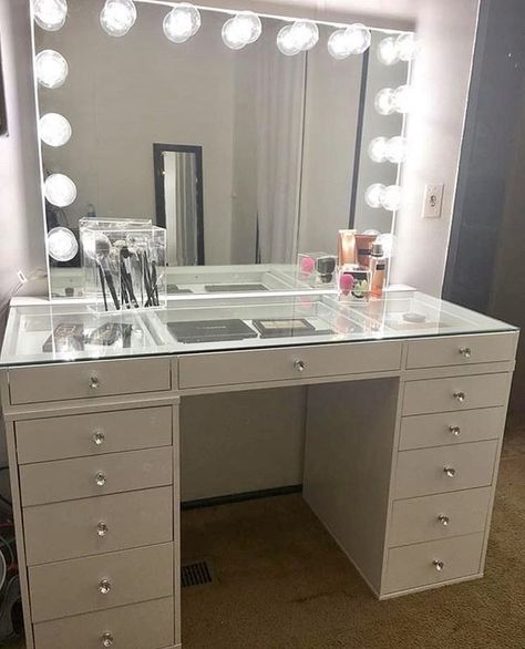 Makeup Table Organization, Makeup Table Ideas, Table For Makeup, Meja Makeup, Vanity Table Ideas, Makeup Vanity Ideas, Vanity Makeup Rooms, Vanity With Lights, Makeup Vanity Ideas Bedrooms