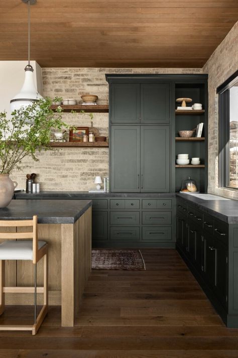 How To Get A Moody Rustic Kitchen | The Summit Estate - Studio McGee Dark And Moody Kitchen, Mcgee Kitchen, Studio Mcgee Kitchen, Home Wall Colour, The Mcgee Home, Moody Kitchen, Dark Green Kitchen, Mcgee Home, Modern Mountain Home