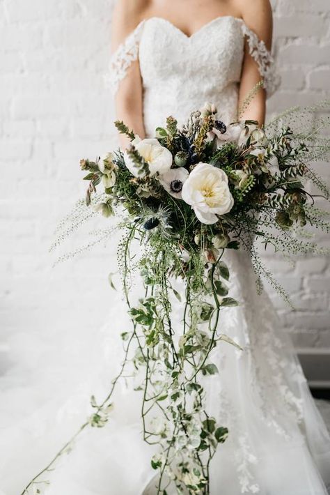 Flower Aesthetics, Green Wedding Bouquet, Cascading Bridal Bouquets, Cascading Wedding Bouquets, Emerald Green Weddings, Green Bouquet, Winter Wedding Flowers, Cascade Bouquet, Emerald Wedding