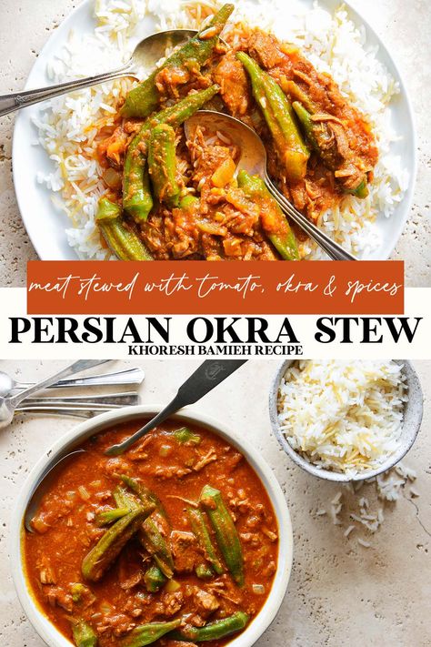 Persian Okra Stew (Khoresh Bamieh) Beef And Okra Recipes, Persian Okra Stew, Iraq Food Recipes, Persian Dishes Recipes, Recipes With Okra, Okra Recipes Healthy, Bamieh Recipe, Koshary Egyptian, Persian Meals