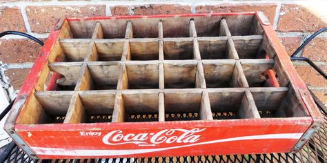 Coco Cola Wooden Crate with 24 dividers, wooden shelf with cubbies, Vintage Coke Tray Wooden Box. $35.00, via Etsy.  Lots of options on Etsy - both red and yellow Decorating With Old Coke Crates, Vintage Coke Crates Ideas, Old Coke Crates, Coca Cola Party, Cocoa Cola, Vintage Coke, Coca Cola Bottles, Coca Cola Vintage, Wood Crates