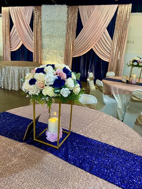 Reception Backdrop Gold Quince Centerpieces, Blue And Gold Quince, Royal Blue And Gold Quince, Rose Gold And Royal Blue, Sweetheart Backdrop, Quince Colors, Wedding Rose Gold Theme, Quince Centerpieces, Gold And Royal Blue