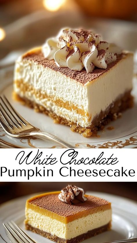 This Ultimate Fall White Chocolate Pumpkin Cheesecake brings together rich white chocolate and spiced pumpkin for an irresistible seasonal dessert. Ideal for holiday meals and fall dinner ideas, each slice melts in your mouth. Top with whipped cream to enhance the warm, comforting flavors of fall recipes! Pumpkin Chocolate Cheesecake, Chocolate Pumpkin Cheesecake, Fall Cheesecake, Pumpkin White Chocolate, Fall Dinner Ideas, White Chocolate Desserts, Seasonal Desserts, Chocolate Pumpkin, Homemade Pumpkin Puree