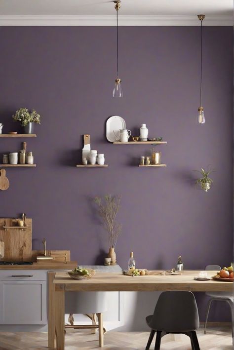 kitchen interior design, kitchen color scheme, kitchen decor ideas, modern kitchen design Purple Wall Bedroom Ideas Decor, Subtle Purple Paint Colors, Purple Walls Kitchen, Lilac Wall Paint Bedrooms, Violet Bathroom Ideas, Lavender Kitchen Walls, Lavender Office Decor, Purple Painted Walls, Paint Color For Kitchen Walls