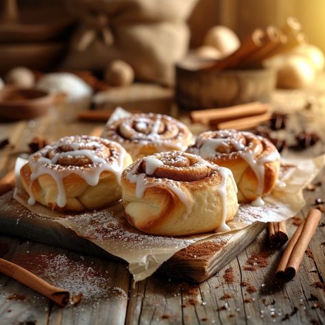 Cinnamon Roll Temptation: Freshly baked cinnamon rolls topped with icing on a wooden surface, exuding warmth and sweetness. #cinnamon #baked #rolls #icing #wooden #warm #sweet #dessert #aiart #aiphoto #stockcake https://ayr.app/l/e5hA Cinnamon Roll Food Photography, Cinnamon Roll Photography, Cinnamon Rolls Photography, Cinnamon Rolls Aesthetic, Rolled Sandwiches, Homemade Recipe Books, Product Photoshoot, Baked Rolls, Sweet Rolls