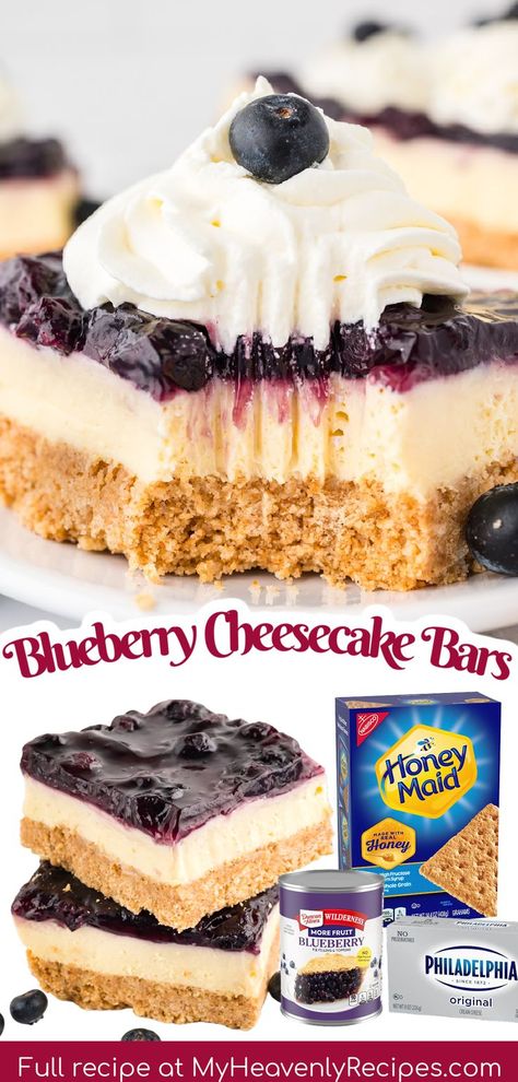 Blueberry Cheesecake Bars Recipe- the best cheesecake bars using graham crackers, blueberry pie filling, cream cheese, etc. Easy recipe for summer time. Summer dessert 4th of july treat. Blueberry dessert idea. Crowd pleaser! Summer Desert Recipes, Dessert 4th Of July, Deserts With Cream Cheese, Blueberry Cream Cheese Pie, Easy Blueberry Desserts, Graham Cracker Dessert, Cream Cheese Recipes Dessert, Strawberry Cheesecake Salad, Snack Bar Recipes