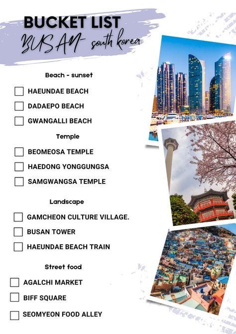 Busan - South Korea Bucket List 💫 Stay tuned and follow for more☘️ #southkorea #seoul #busan #bucketlist #travellist #destination #korea Korea Tourist Attractions, Korea Bucket List, South Korea Flag, South Korea Photography, Brochure Design Layouts, Korean Illustration, Seoul Korea Travel, Korea Wallpaper, Seoul Travel