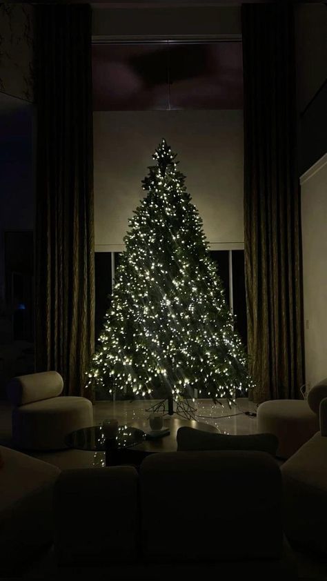 Christmas Tree High Ceiling, Minimal Christmas Aesthetic, Christmas Tree With Lights Only, White Light Christmas Tree, Christmas Tree White Lights, Christmas Tree With White Lights, Rich Christmas, Christmas Tree Light, Christmas Dreaming