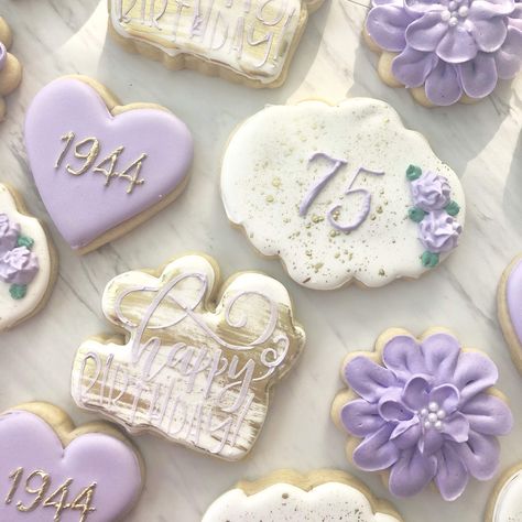 75th Birthday Ideas For Grandma, 75 Year Old Birthday Cookies, 75 Birthday Cookies Decorated, 75 Bday Ideas 75th Birthday Parties, 75th Birthday Party Ideas For Women, 60th Birthday Ideas For Mom Purple, 75th Birthday Cookies Decorated, 75th Birthday Cookies, Purple Birthday Cookies